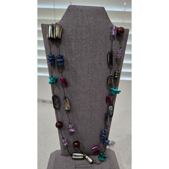 Multicolored Stones And Beads Long Single Strand Necklace 33" - Picture 1 of 4